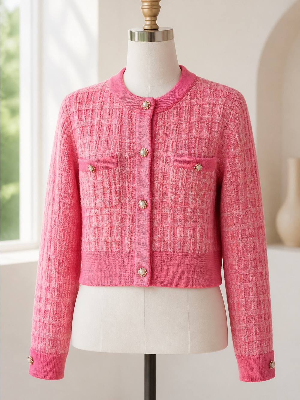 Pink Textured Button-Front Cropped Sweater Jacket
